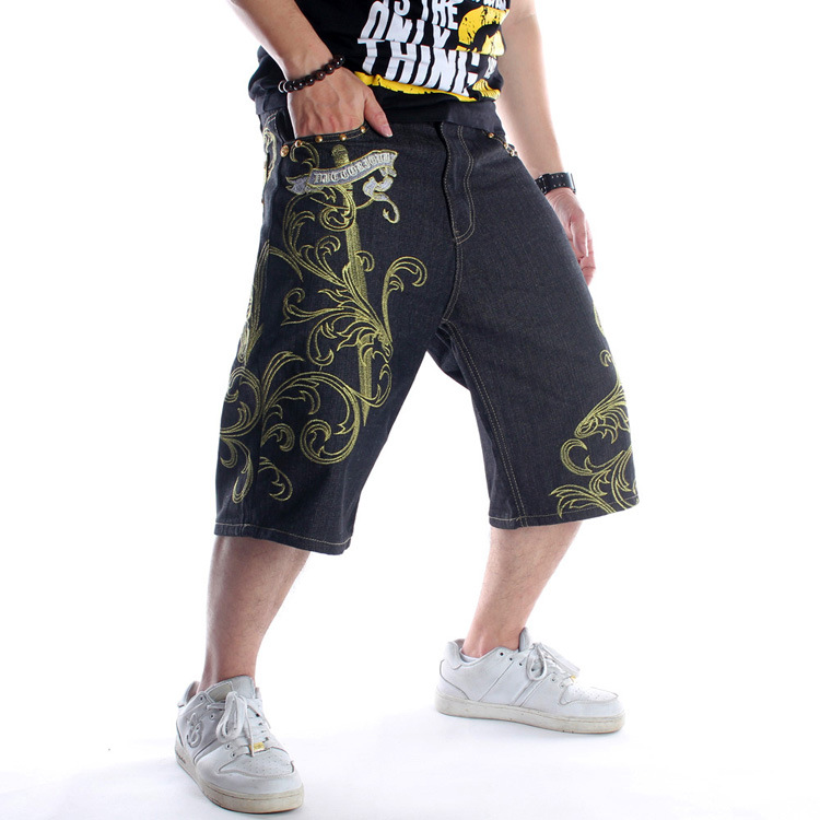 Summer European and American Fashion Loose plus Size Denim Shorts Men&#039;s Youth Street Dance Hip-Hop Personality Embroidery Cropped Trousers