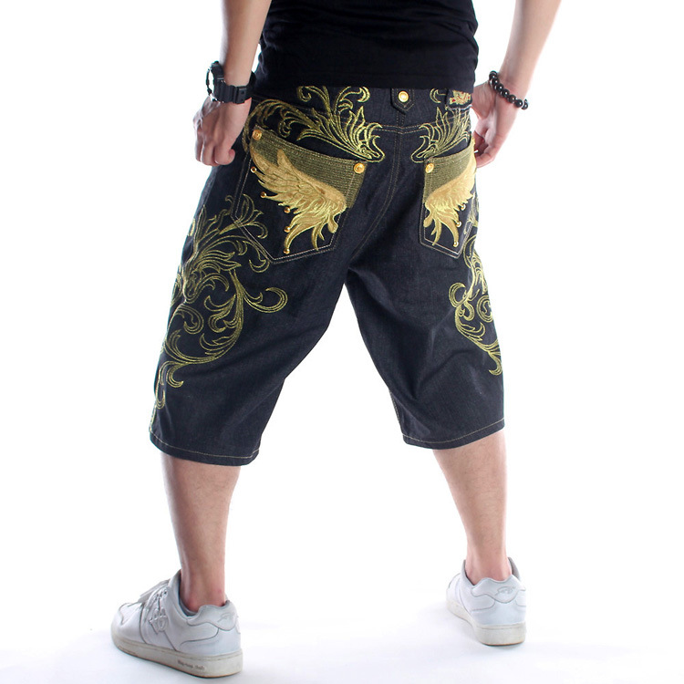 Summer European and American Fashion Loose plus Size Denim Shorts Men's Youth Street Dance Hip-Hop Personality Embroidery Cropped Trousers Summer European and American Fashion Loose plus Size Denim Shorts Men's Youth Street Dance Hip-Hop Personality Embroidery Cropped Trousers