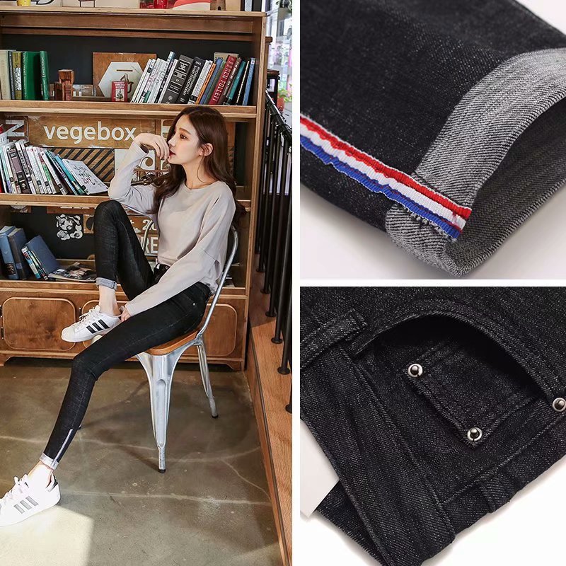 High - waisted, tight, slim, curled up, ladies' jeans. Versatile, cuffed, pencil - trimmed, cropped trousers