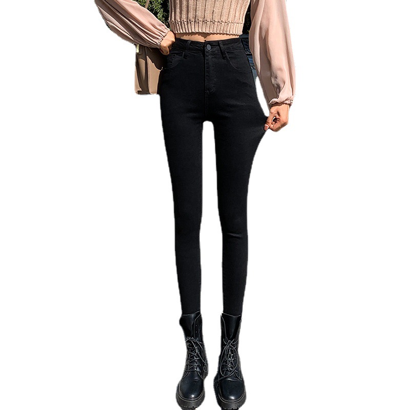 Jeans for Women 2021 New Fashionable High Waist Winter Stretch Fleece Tight Smoky Gray Skinny Pants Cropped Trousers