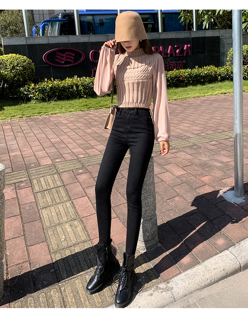 Jeans for Women 2021 New Fashionable High Waist Winter Stretch Fleece Tight Smoky Gray Skinny Pants Cropped Trousers