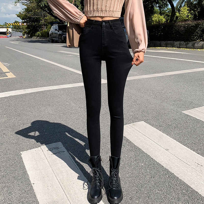 Jeans for Women 2021 New Fashionable High Waist Winter Stretch Fleece Tight Smoky Gray Skinny Pants Cropped Trousers