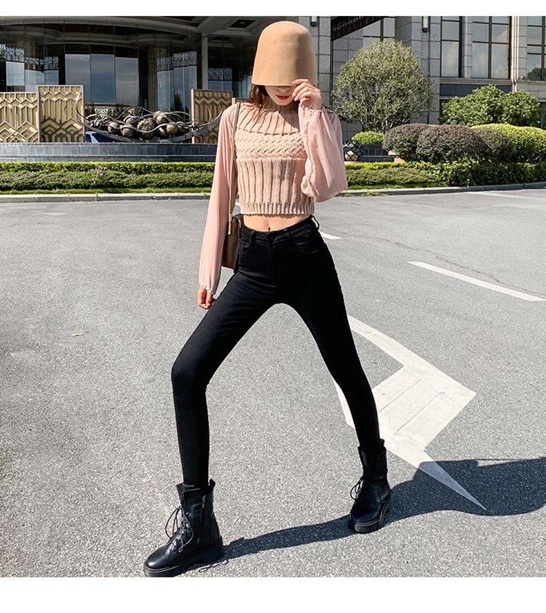 Jeans for Women 2021 New Fashionable High Waist Winter Stretch Fleece Tight Smoky Gray Skinny Pants Cropped Trousers