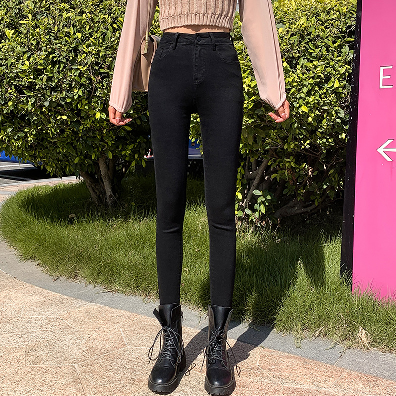 Jeans for Women 2021 New Fashionable High Waist Winter Stretch Fleece Tight Smoky Gray Skinny Pants Cropped Trousers