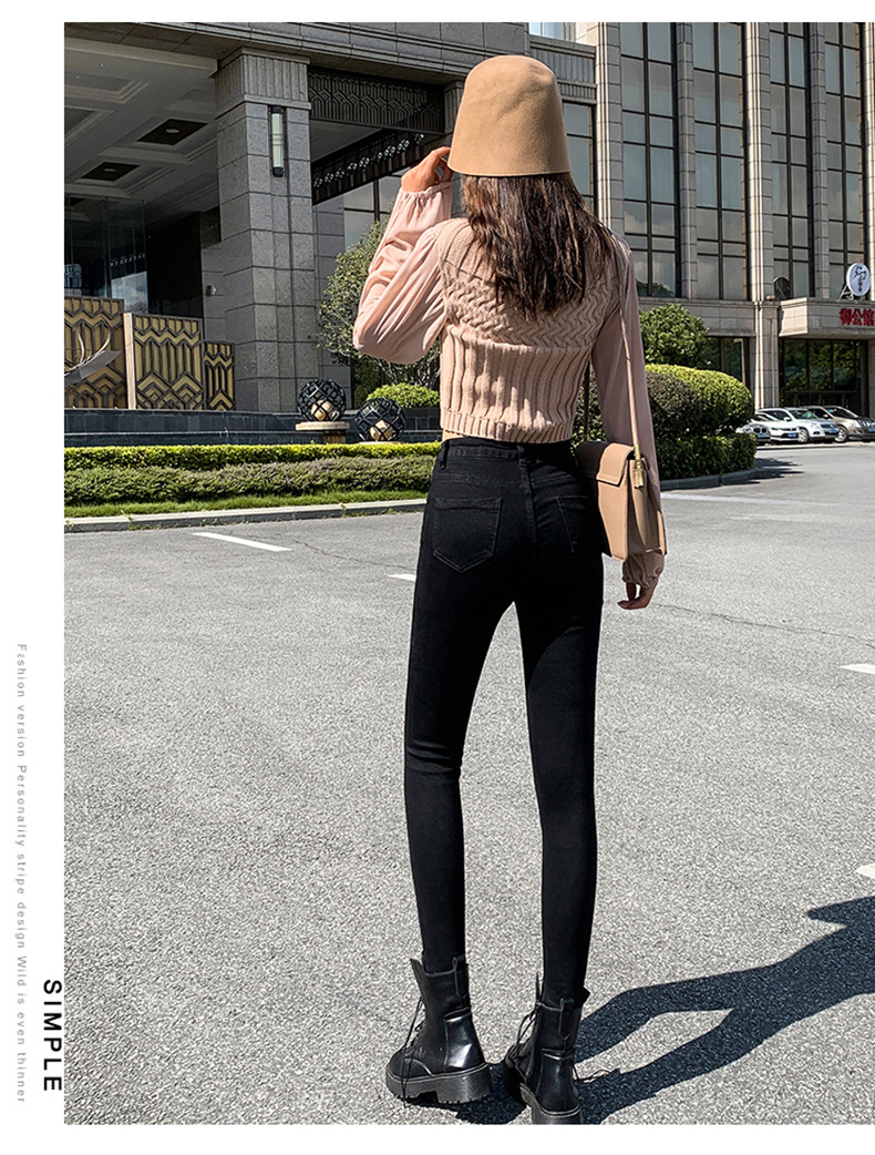 Jeans for Women 2021 New Fashionable High Waist Winter Stretch Fleece Tight Smoky Gray Skinny Pants Cropped Trousers