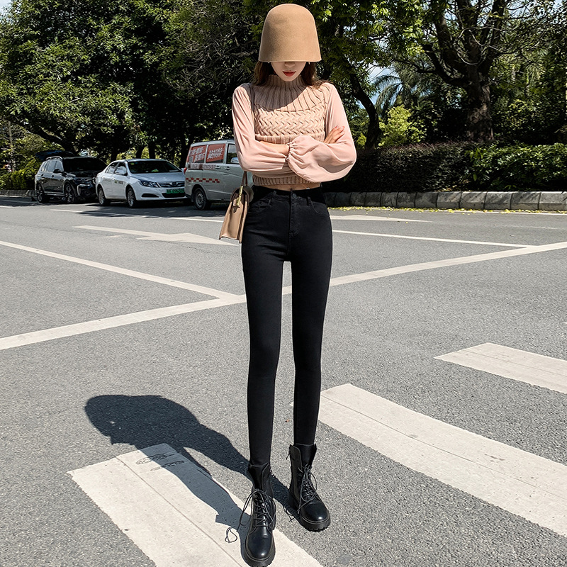 Jeans for Women 2021 New Fashionable High Waist Winter Stretch Fleece Tight Smoky Gray Skinny Pants Cropped Trousers