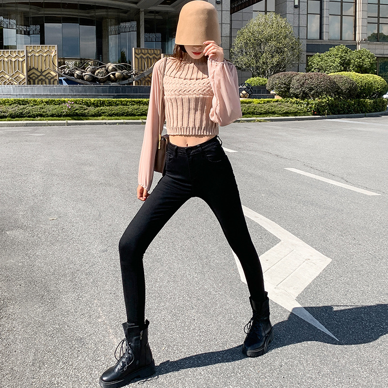 Jeans for Women 2021 New Fashionable High Waist Winter Stretch Fleece Tight Smoky Gray Skinny Pants Cropped Trousers