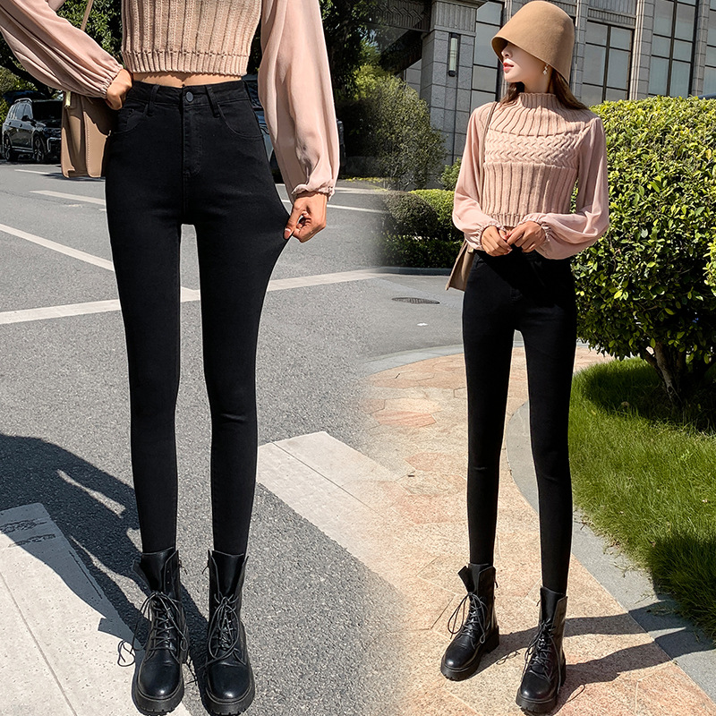 Jeans for Women 2021 New Fashionable High Waist Winter Stretch Fleece Tight Smoky Gray Skinny Pants Cropped Trousers
