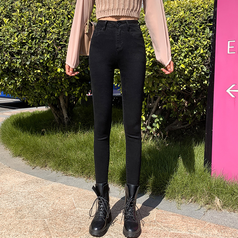 Jeans for Women 2021 New Fashionable High Waist Winter Stretch Fleece Tight Smoky Gray Skinny Pants Cropped Trousers