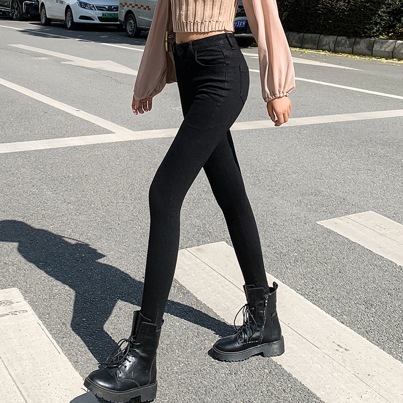 Jeans for Women 2021 New Fashionable High Waist Winter Stretch Fleece Tight Smoky Gray Skinny Pants Cropped Trousers