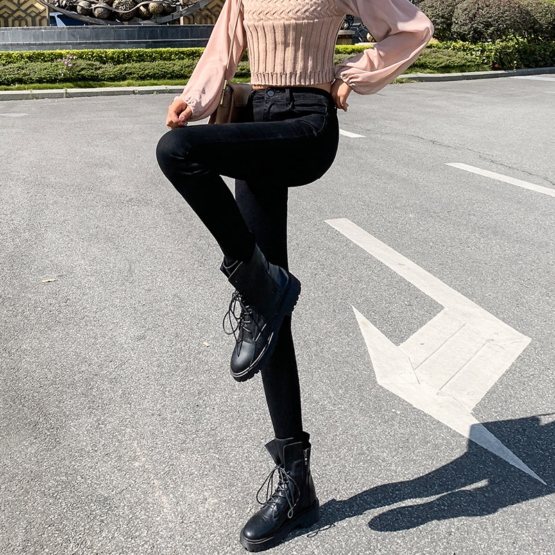 Jeans for Women 2021 New Fashionable High Waist Winter Stretch Fleece Tight Smoky Gray Skinny Pants Cropped Trousers