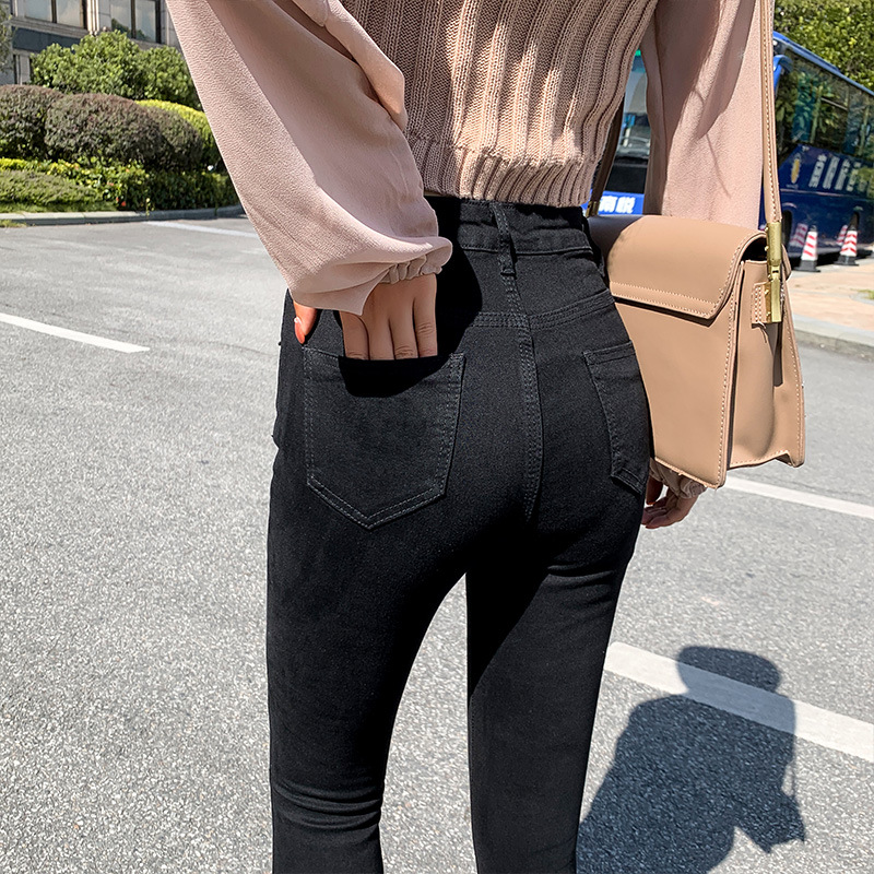 Jeans for Women 2021 New Fashionable High Waist Winter Stretch Fleece Tight Smoky Gray Skinny Pants Cropped Trousers