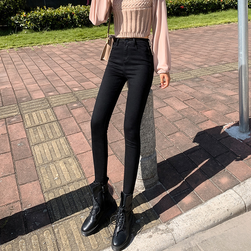 Jeans for Women 2021 New Fashionable High Waist Winter Stretch Fleece Tight Smoky Gray Skinny Pants Cropped Trousers