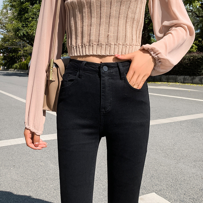 Jeans for Women 2021 New Fashionable High Waist Winter Stretch Fleece Tight Smoky Gray Skinny Pants Cropped Trousers