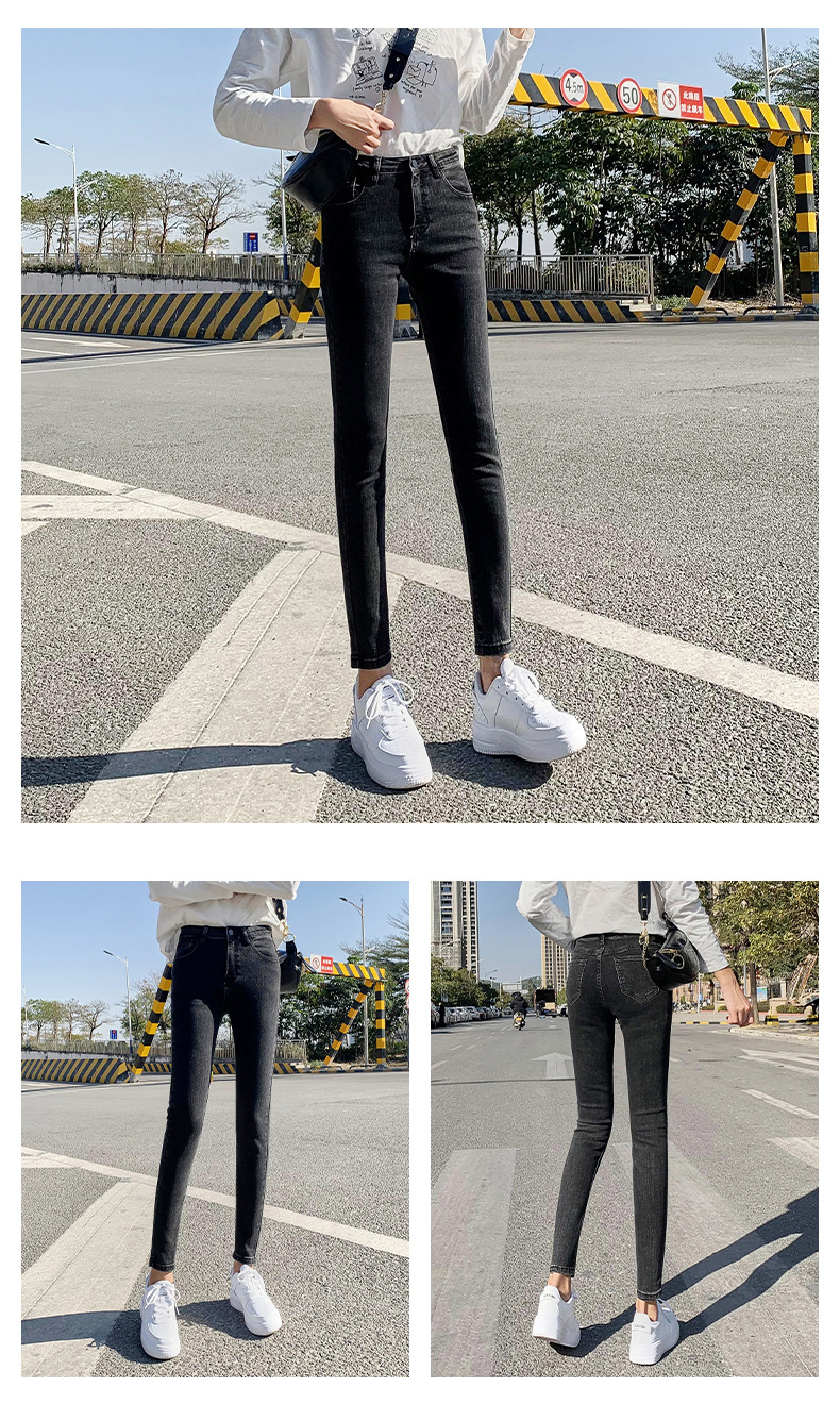 Jeans for Women 2021 New Fashionable High Waist Winter Stretch Fleece Tight Smoky Gray Skinny Pants Cropped Trousers