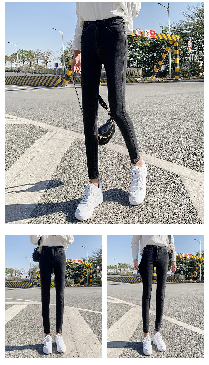 Jeans for Women 2021 New Fashionable High Waist Winter Stretch Fleece Tight Smoky Gray Skinny Pants Cropped Trousers
