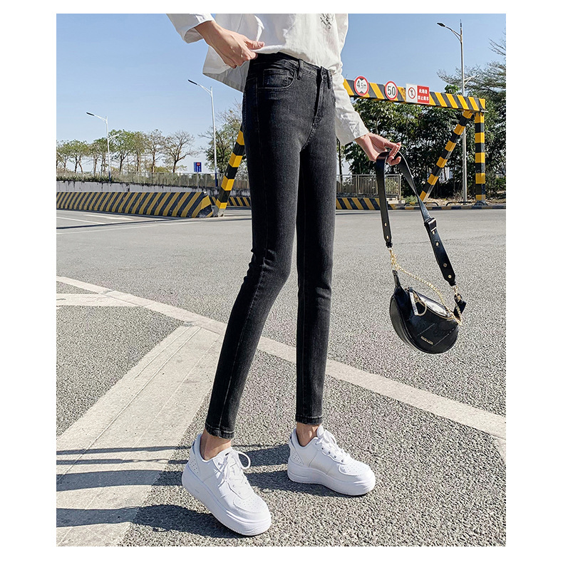 Jeans for Women 2021 New Fashionable High Waist Winter Stretch Fleece Tight Smoky Gray Skinny Pants Cropped Trousers
