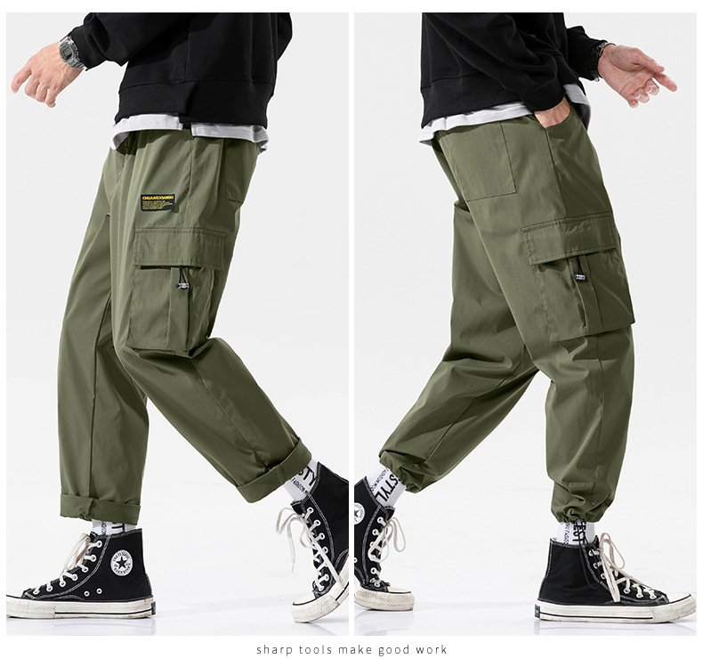 Overalls Men's Autumn and Winter Pocket Loose Tappered Harem Hong Kong Style All-Matching Fashion Brand Sports Men Casual Cropped Trousers
