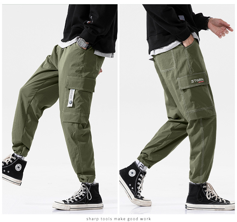 Overalls Men's Autumn and Winter Pocket Loose Tappered Harem Hong Kong Style All-Matching Fashion Brand Sports Men Casual Cropped Trousers