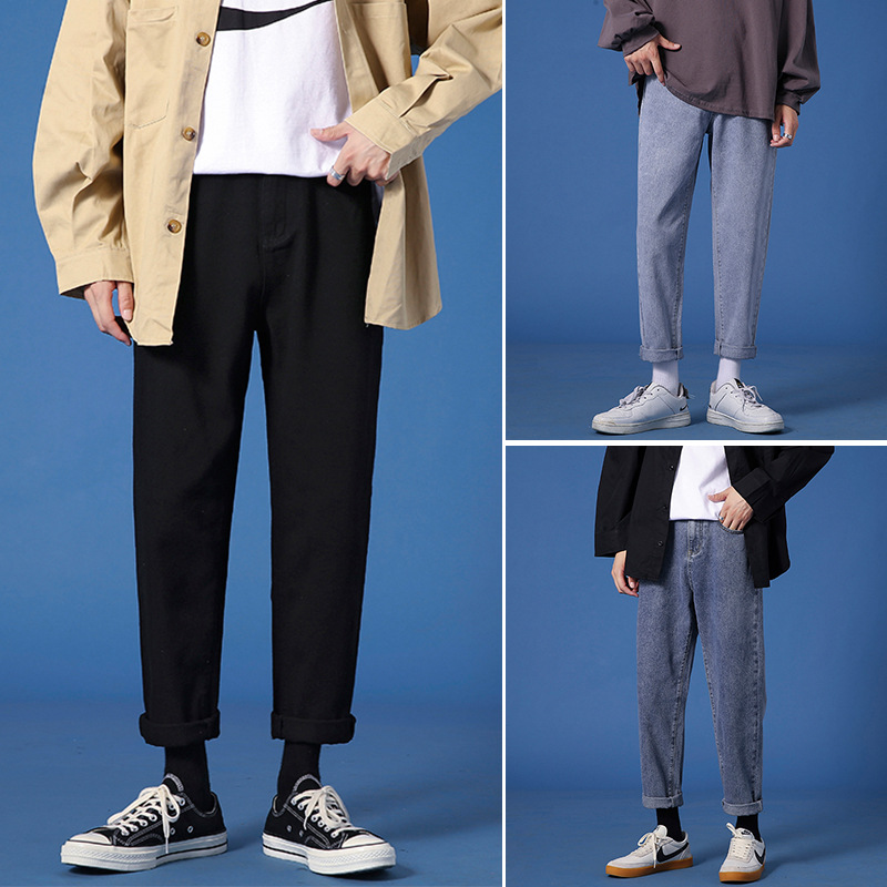 Lktm Men&#039;s# Ins Hong Kong Style Loose Straight Jeans Men&#039;s Korean Style Slim Fit All-Matching Trendy Casual Cropped Trousers