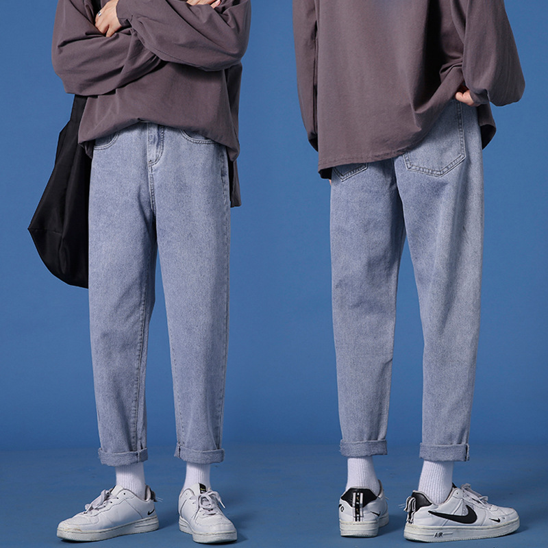 Lktm Men&#039;s# Ins Hong Kong Style Loose Straight Jeans Men&#039;s Korean Style Slim Fit All-Matching Trendy Casual Cropped Trousers