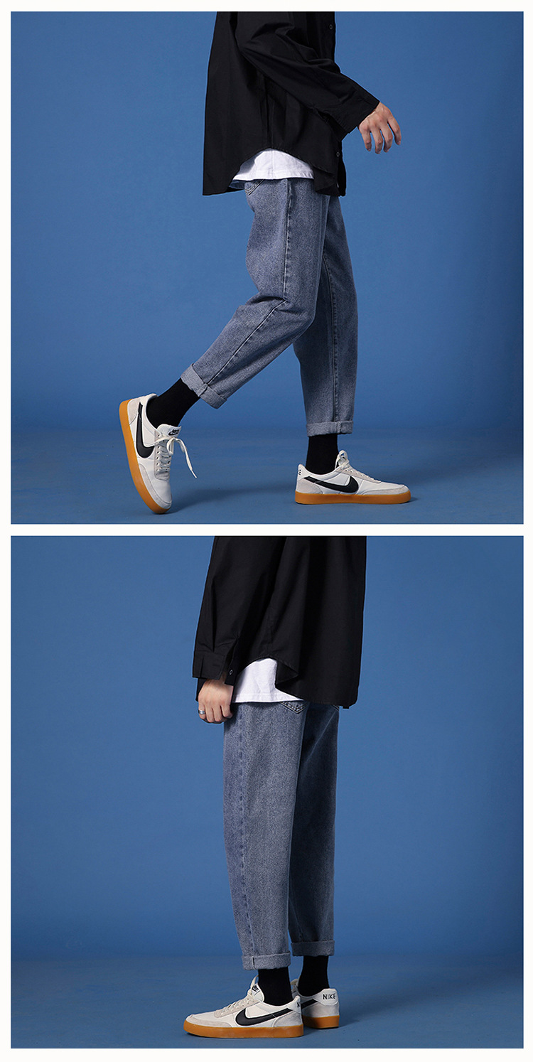 Lktm Men's# Ins Hong Kong Style Loose Straight Jeans Men's Korean Style Slim Fit All-Matching Trendy Casual Cropped Trousers