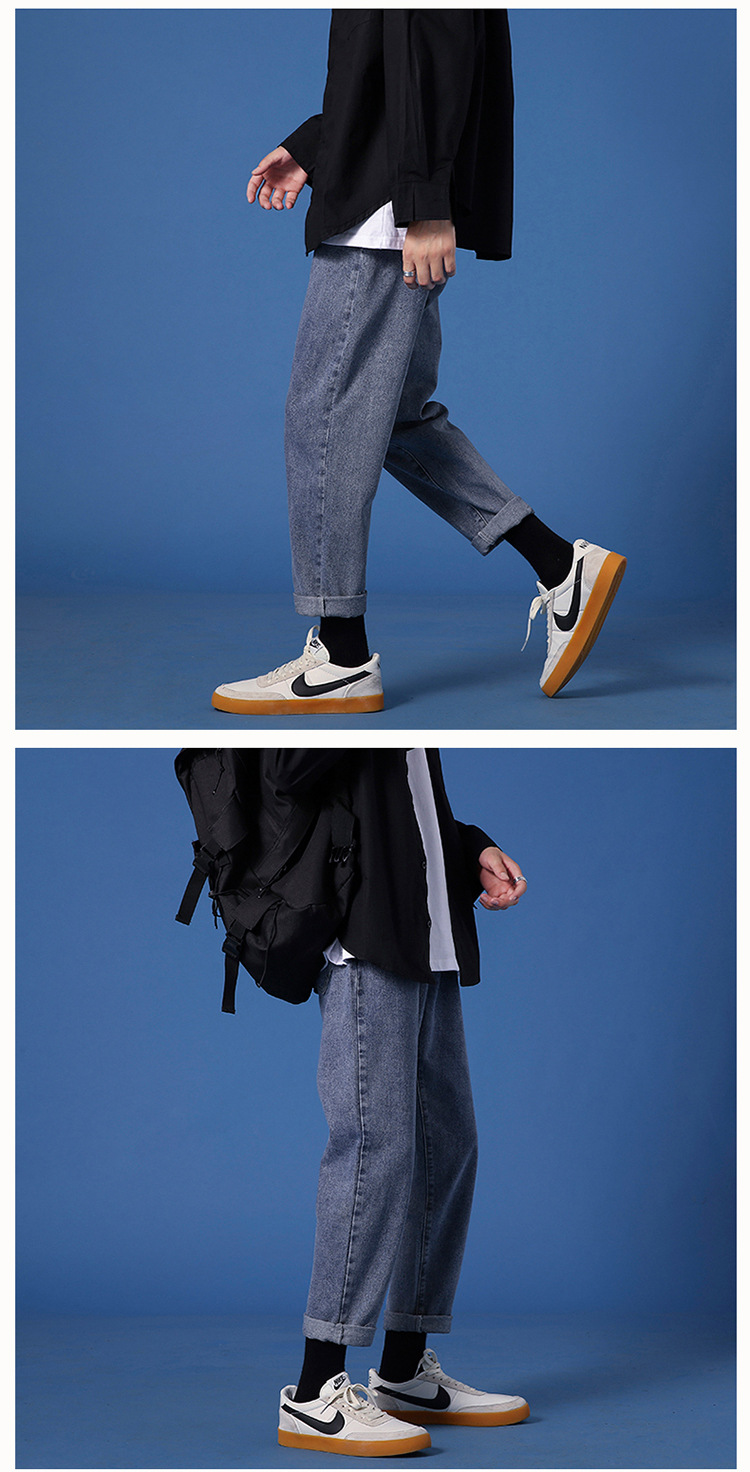 Lktm Men's# Ins Hong Kong Style Loose Straight Jeans Men's Korean Style Slim Fit All-Matching Trendy Casual Cropped Trousers