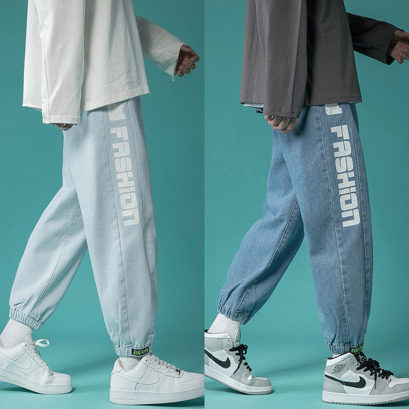 Letter Print Light-Colored Jeans Men&#039;s Spring and Autumn Hip Hop Trend Casual Jogger Pants Loose Cropped Trousers