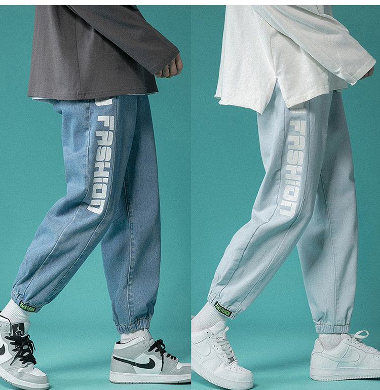 Letter Print Light-Colored Jeans Men's Spring and Autumn Hip Hop Trend Casual Jogger Pants Loose Cropped Trousers