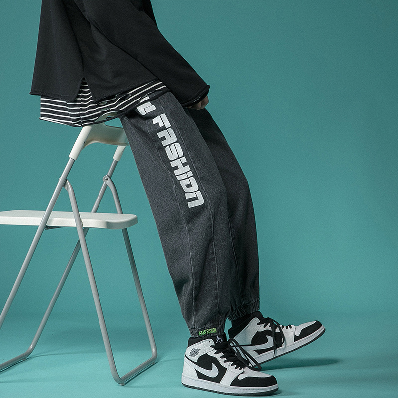 Letter Print Light-Colored Jeans Men&#039;s Spring and Autumn Hip Hop Trend Casual Jogger Pants Loose Cropped Trousers