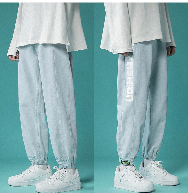 Letter Print Light-Colored Jeans Men's Spring and Autumn Hip Hop Trend Casual Jogger Pants Loose Cropped Trousers
