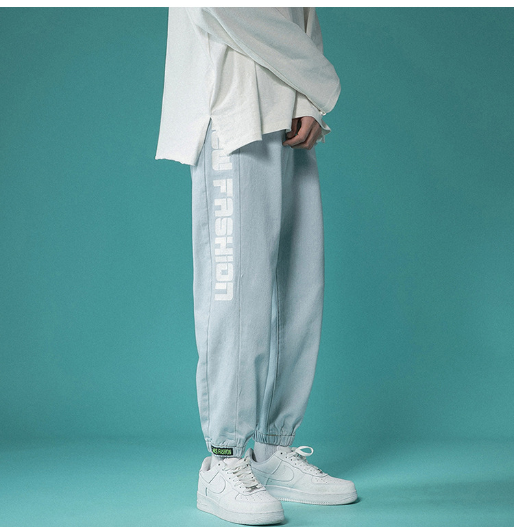 Letter Print Light-Colored Jeans Men's Spring and Autumn Hip Hop Trend Casual Jogger Pants Loose Cropped Trousers