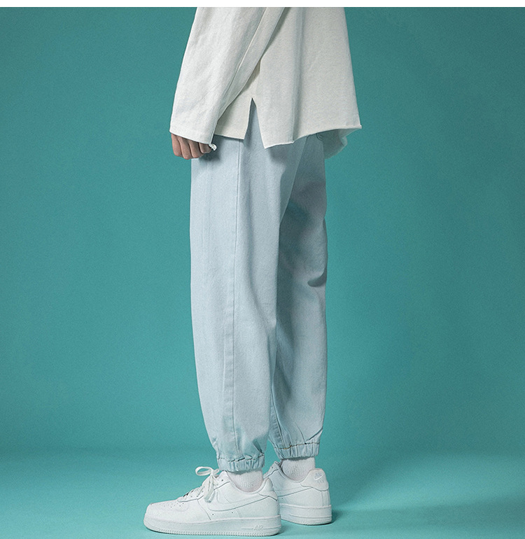 Letter Print Light-Colored Jeans Men's Spring and Autumn Hip Hop Trend Casual Jogger Pants Loose Cropped Trousers