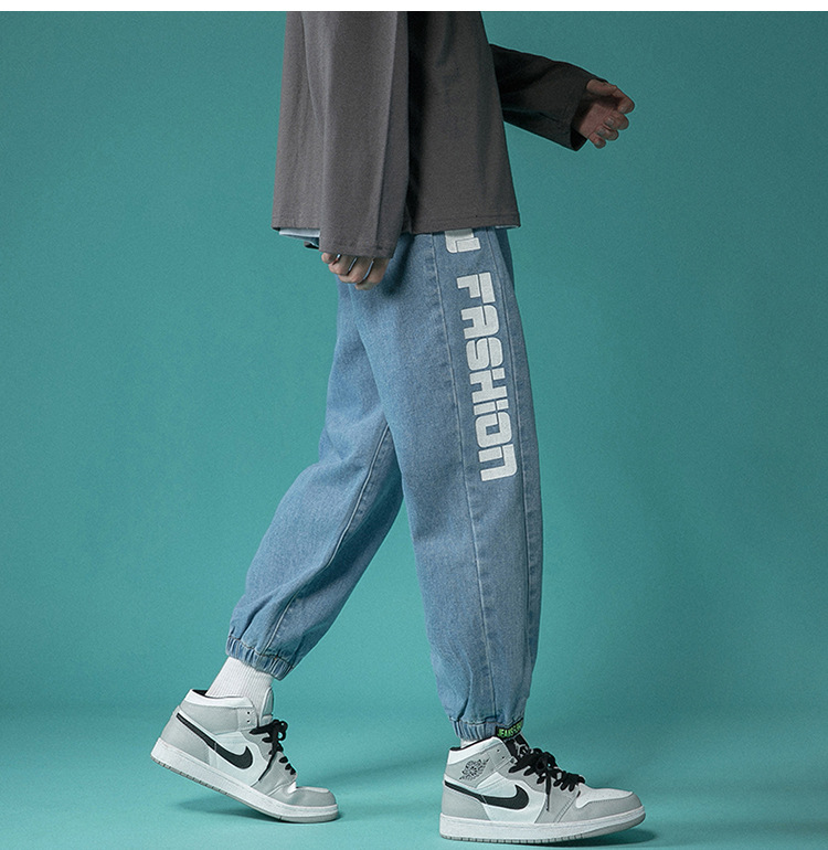 Letter Print Light-Colored Jeans Men's Spring and Autumn Hip Hop Trend Casual Jogger Pants Loose Cropped Trousers