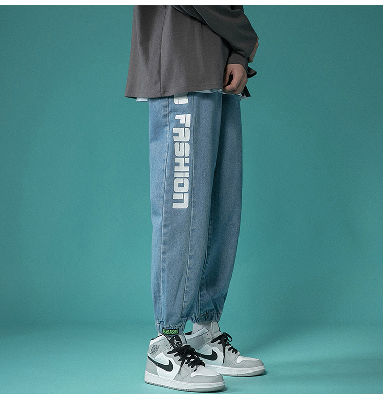 Letter Print Light-Colored Jeans Men's Spring and Autumn Hip Hop Trend Casual Jogger Pants Loose Cropped Trousers