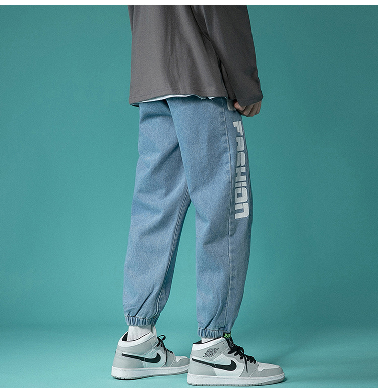 Letter Print Light-Colored Jeans Men's Spring and Autumn Hip Hop Trend Casual Jogger Pants Loose Cropped Trousers