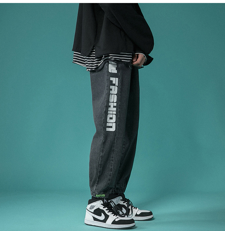 Letter Print Light-Colored Jeans Men's Spring and Autumn Hip Hop Trend Casual Jogger Pants Loose Cropped Trousers