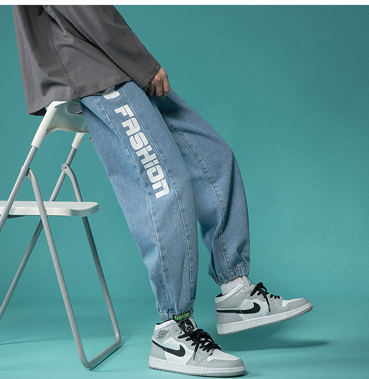 Letter Print Light-Colored Jeans Men's Spring and Autumn Hip Hop Trend Casual Jogger Pants Loose Cropped Trousers