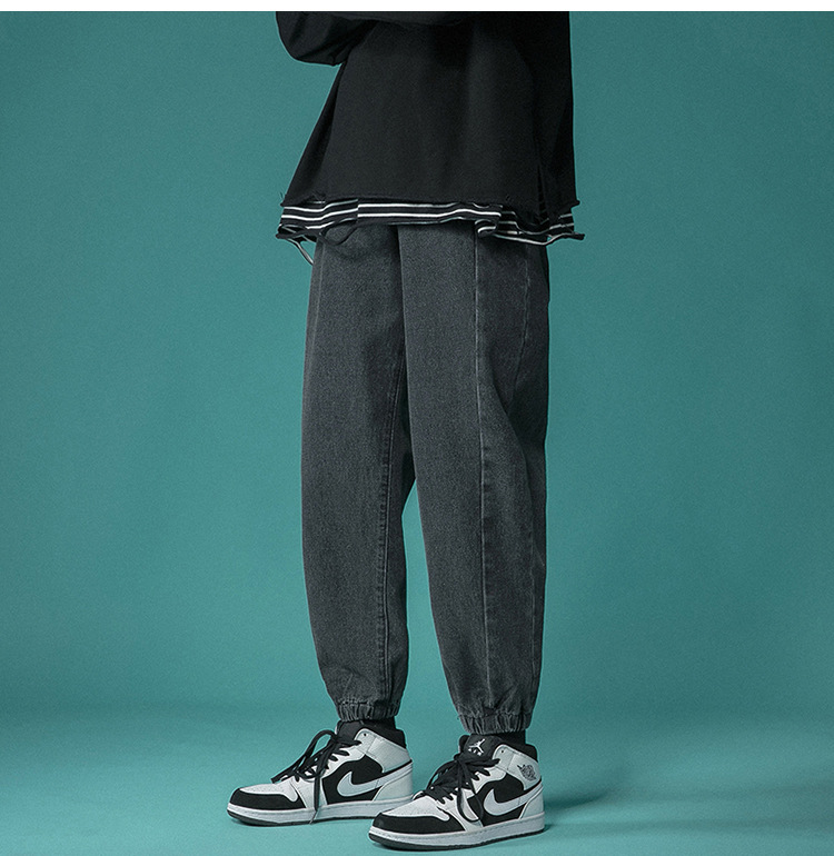 Letter Print Light-Colored Jeans Men's Spring and Autumn Hip Hop Trend Casual Jogger Pants Loose Cropped Trousers