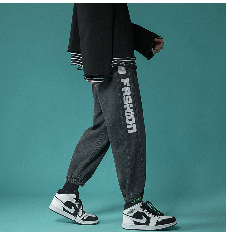 Letter Print Light-Colored Jeans Men's Spring and Autumn Hip Hop Trend Casual Jogger Pants Loose Cropped Trousers