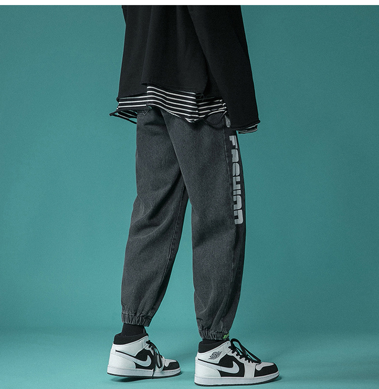 Letter Print Light-Colored Jeans Men's Spring and Autumn Hip Hop Trend Casual Jogger Pants Loose Cropped Trousers