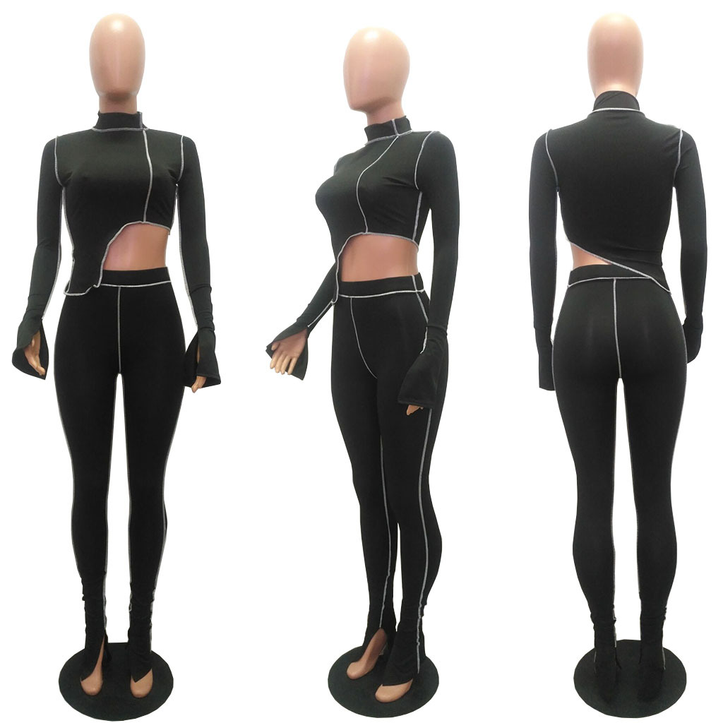 M2053 Crossborder Fashion Women's Wear Aliexpress Autumn New Women's Wear Personality Line Slimming sports suit M2053 Crossborder Fashion Women's Wear Aliexpress Autumn New Women's Wear Personality Line Slimming sports suit