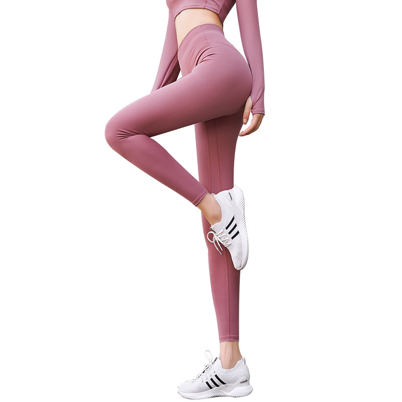 Yoga Clothes Naked Women Feeling Stretch Solid Color Peach Hip Raise Yoga Pants Suit Women&#039;s Bottoming Sports wear