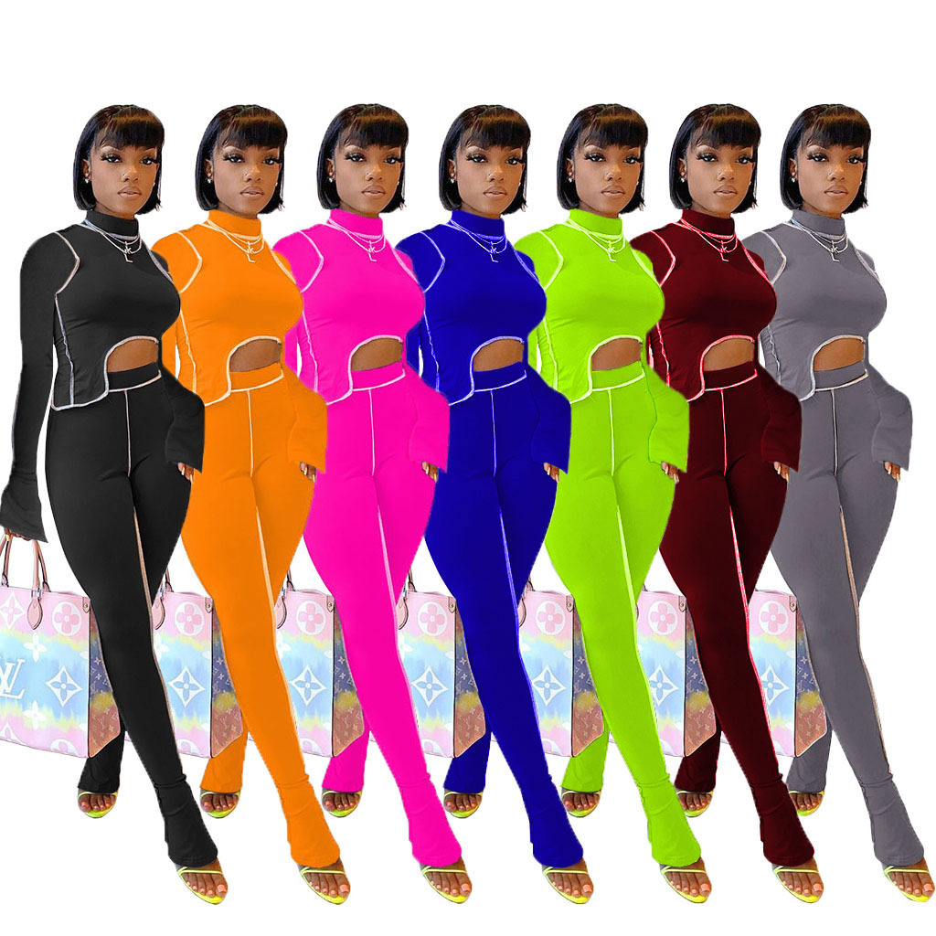 M2053 Crossborder fashion women&#039;s wear Aliexpress autumn new women&#039;s wear personality line slimming sports suit