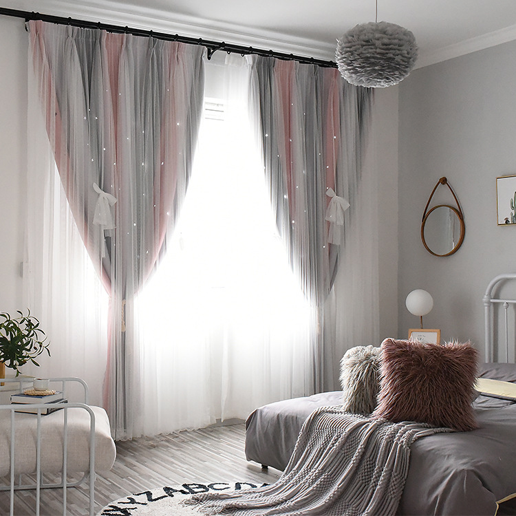 Celebrity Ins Style Bedroom Curtain Gradient Striped Shading Hollow Star Princess Curtain Cloth Finished Children