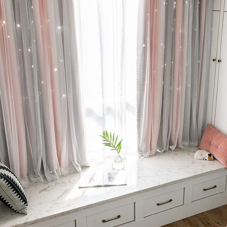 Celebrity Ins Style Bedroom Curtain Gradient Striped Shading Hollow Star Princess Curtain Cloth Finished Children
