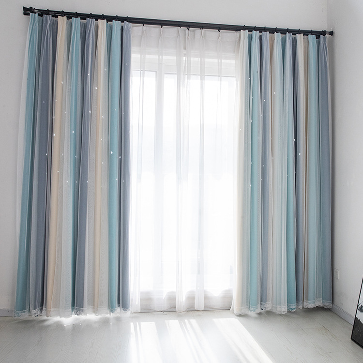 Celebrity Ins Style Bedroom Curtain Gradient Striped Shading Hollow Star Princess Curtain Cloth Finished Children