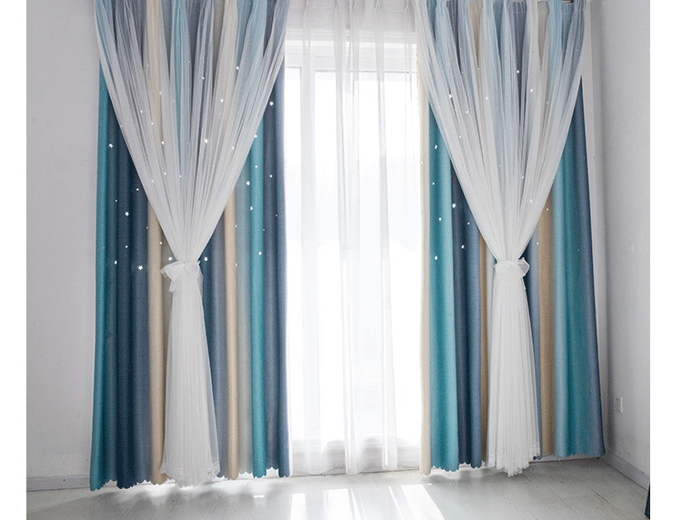 Celebrity Ins Style Bedroom Curtain Gradient Striped Shading Hollow Star Princess Curtain Cloth Finished Children