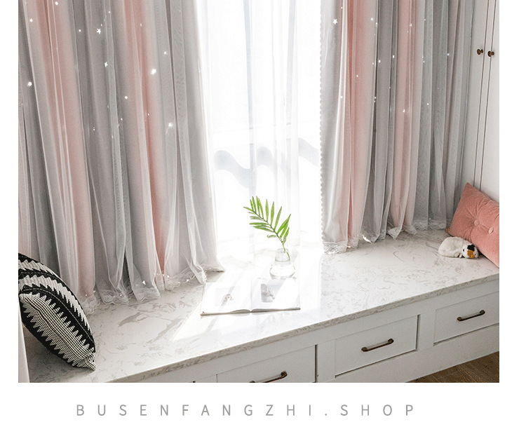 Celebrity Ins Style Bedroom Curtain Gradient Striped Shading Hollow Star Princess Curtain Cloth Finished Children