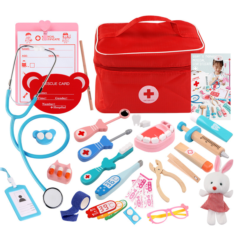 Children&#039;s Wooden Simulation Cloth Bag Medicine Box Baby Boys and Girls Play House Simulation Doctor Injection Toy Gift